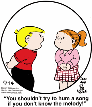 A Family Circus comic in which Billy tells his sister that she should not try something she isn't good at A Family Circus comic in which Billy tells his sister that she should not try something she isn't good at