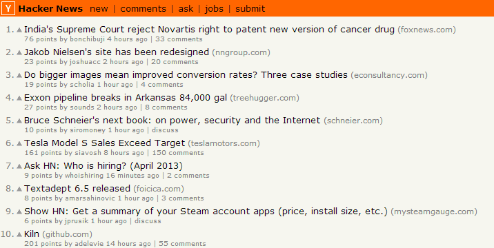 Hacker News Front Page - April 1, 2013